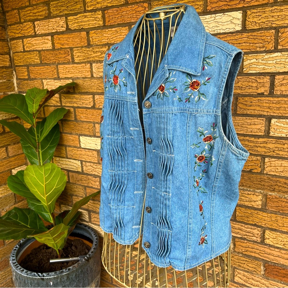 Vintage Jeans Embroidered Denim Vest Jean Jacket Size Large Medium